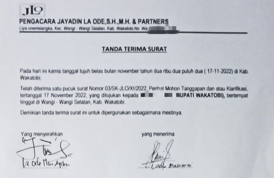 JLO Resmi Layangkan Surat Permohonan Klarifikasi Bupati Wakatobi Atas Dugaan Penipuan Kliennya